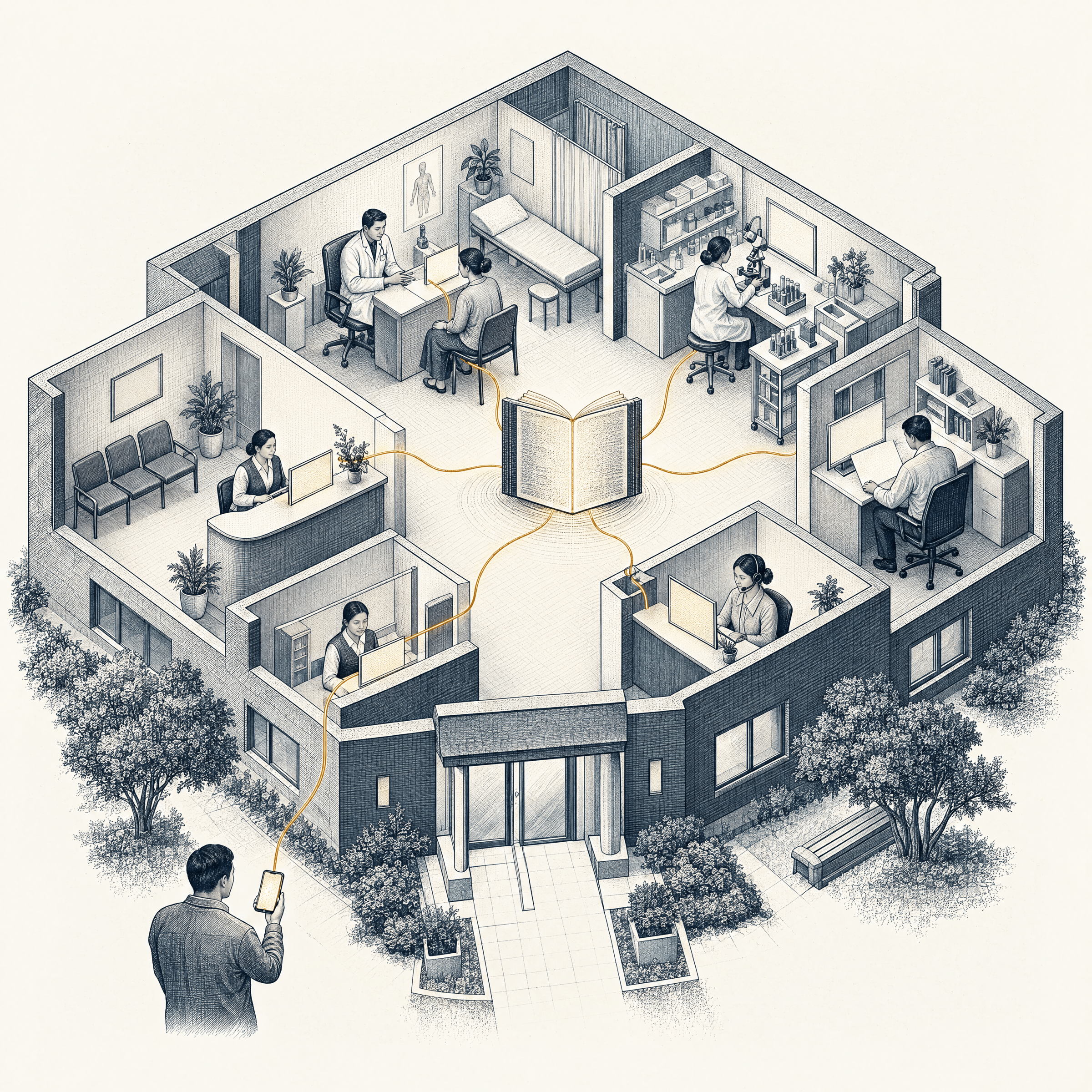 Editorial engraving of a single clinic — reception, doctor's office, laboratory, cashier, call centre and analytics — arranged around one shared patient record, with a patient's phone at the edge showing the same record.